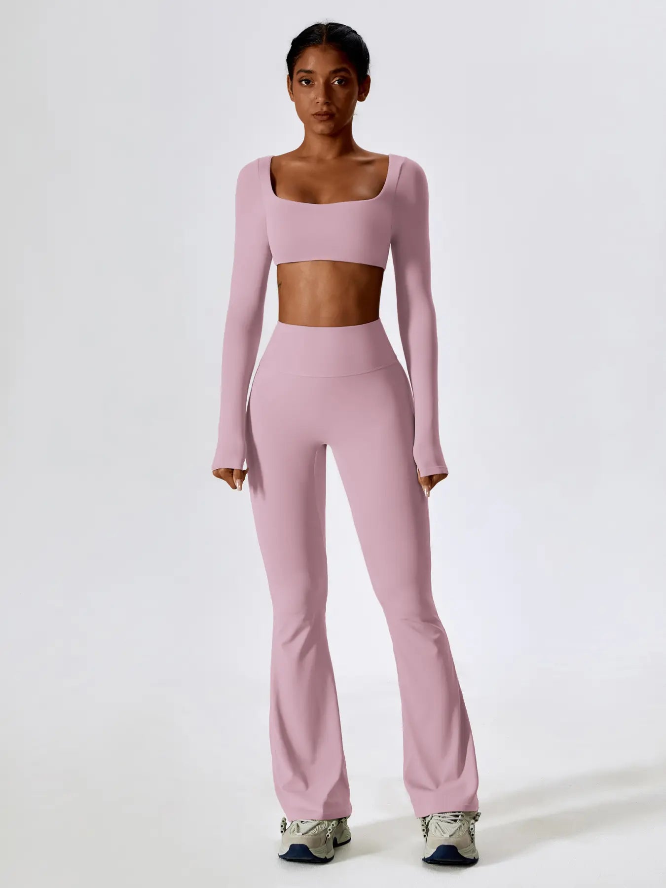 Women's Solid Square Neck Crop Top & High Waist Flare Leg Pants Tracksuit Set, Sporty Comfy…