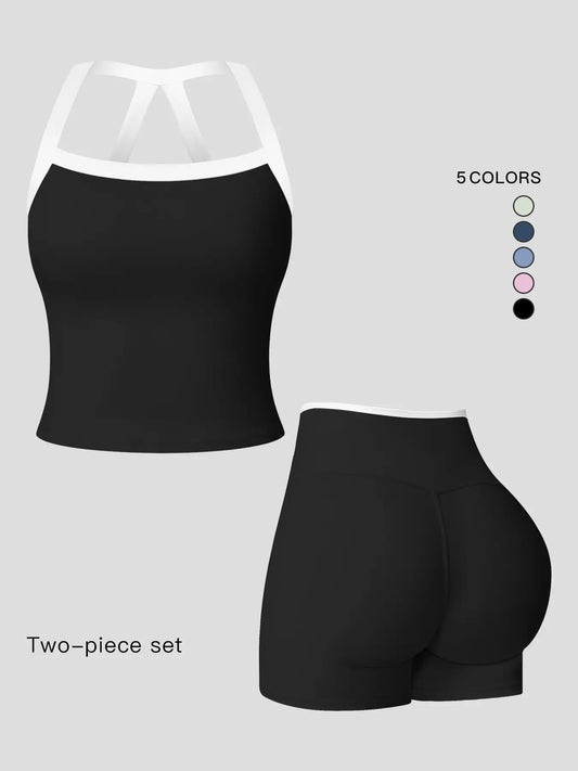 Women's Athletic Yoga Set, Sporty Plain Colorblock Crisscross Backless Crop Top & Tight-Fitting Shorts - image 3