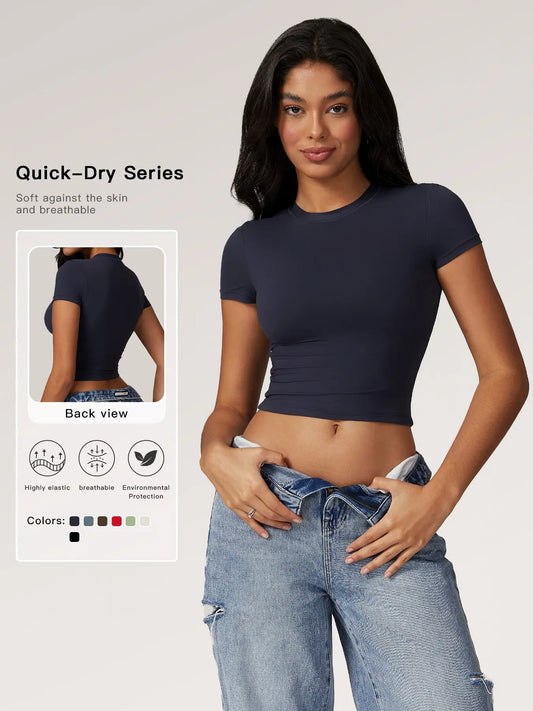 Women's Plain Round Neck Crop Sports Tee, Sporty Casual Tight-fitting Short Sleeve T-shirt for Yoga… - image 2