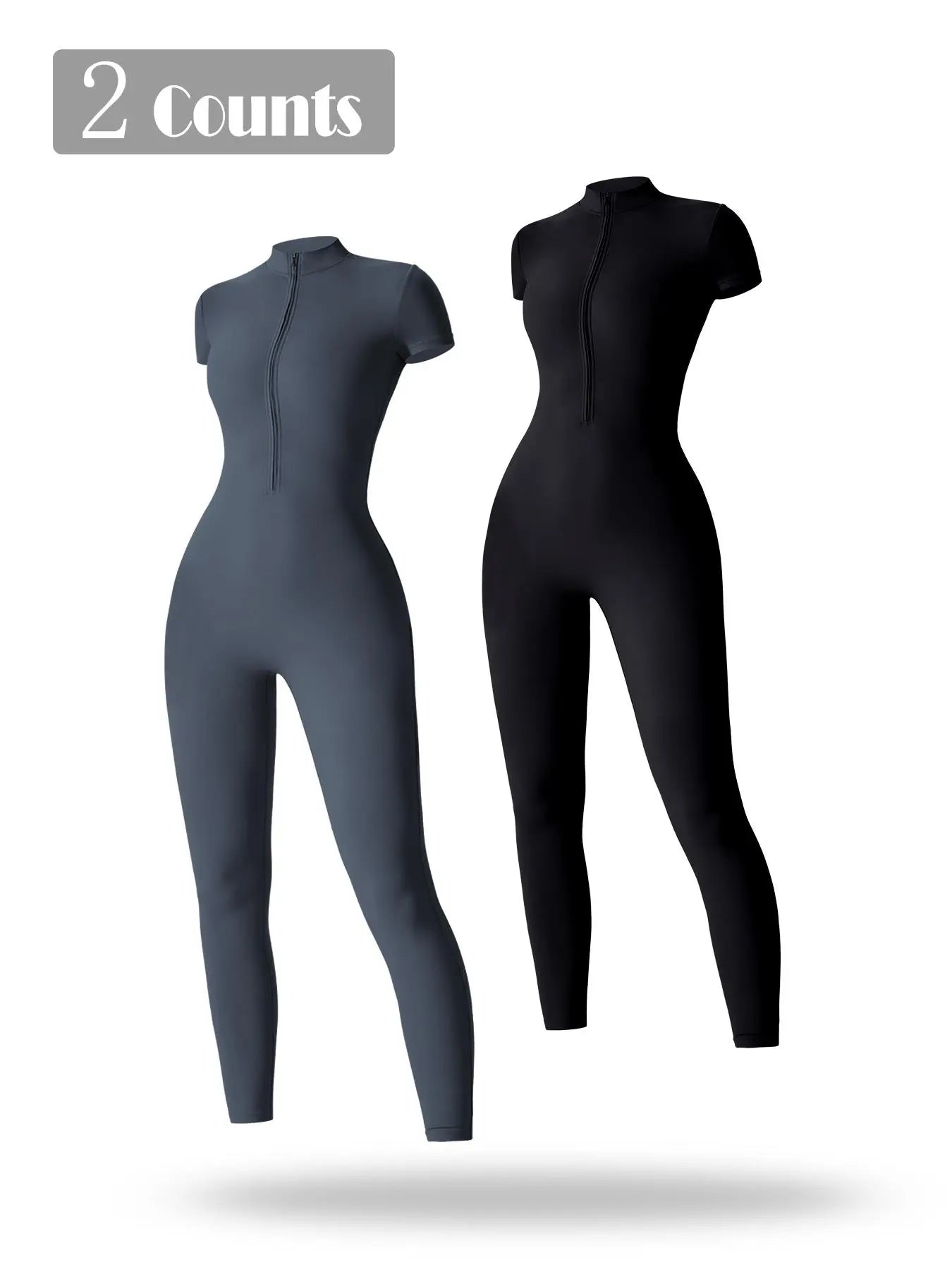 Women's Solid Short Sleeve Half Zip Sports Jumpsuit, Stretchy Jumpsuit