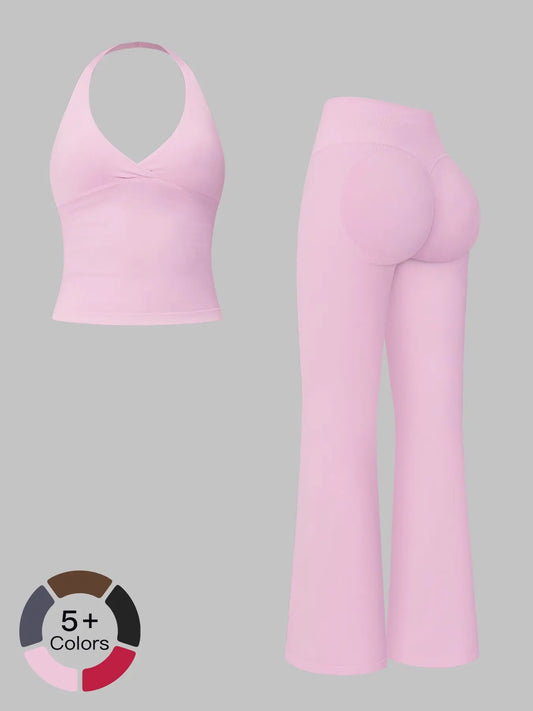 V-Neck Yoga Set for Women, Halter Neck Slim Fit Backless Vertical Ribbed Sports Fitness Yoga Wear - image 2