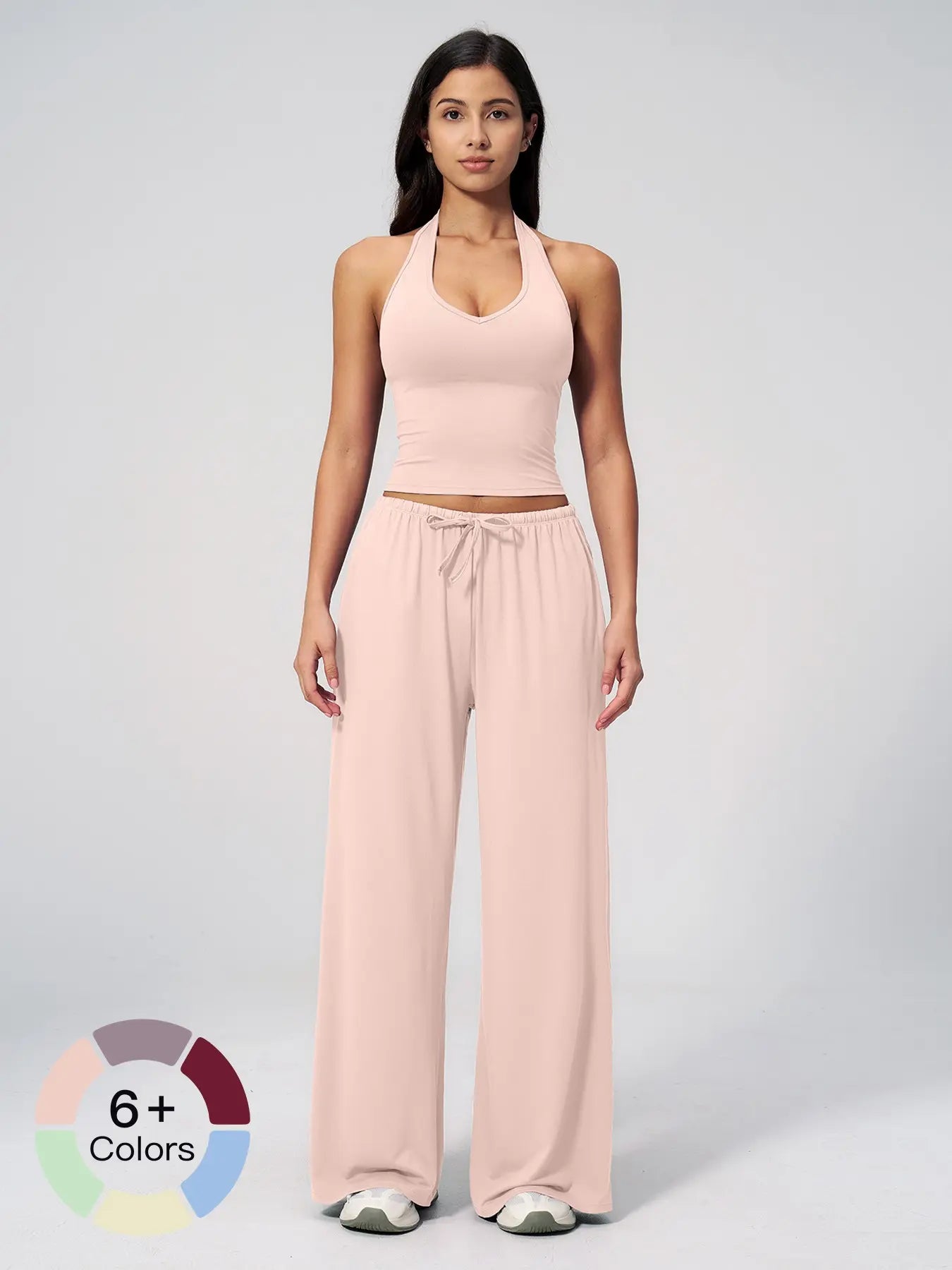 Women's Solid Halter Neck Top & Wide Leg Pants Sports Set, Casual Sleeveless Top & Pants for Daily…