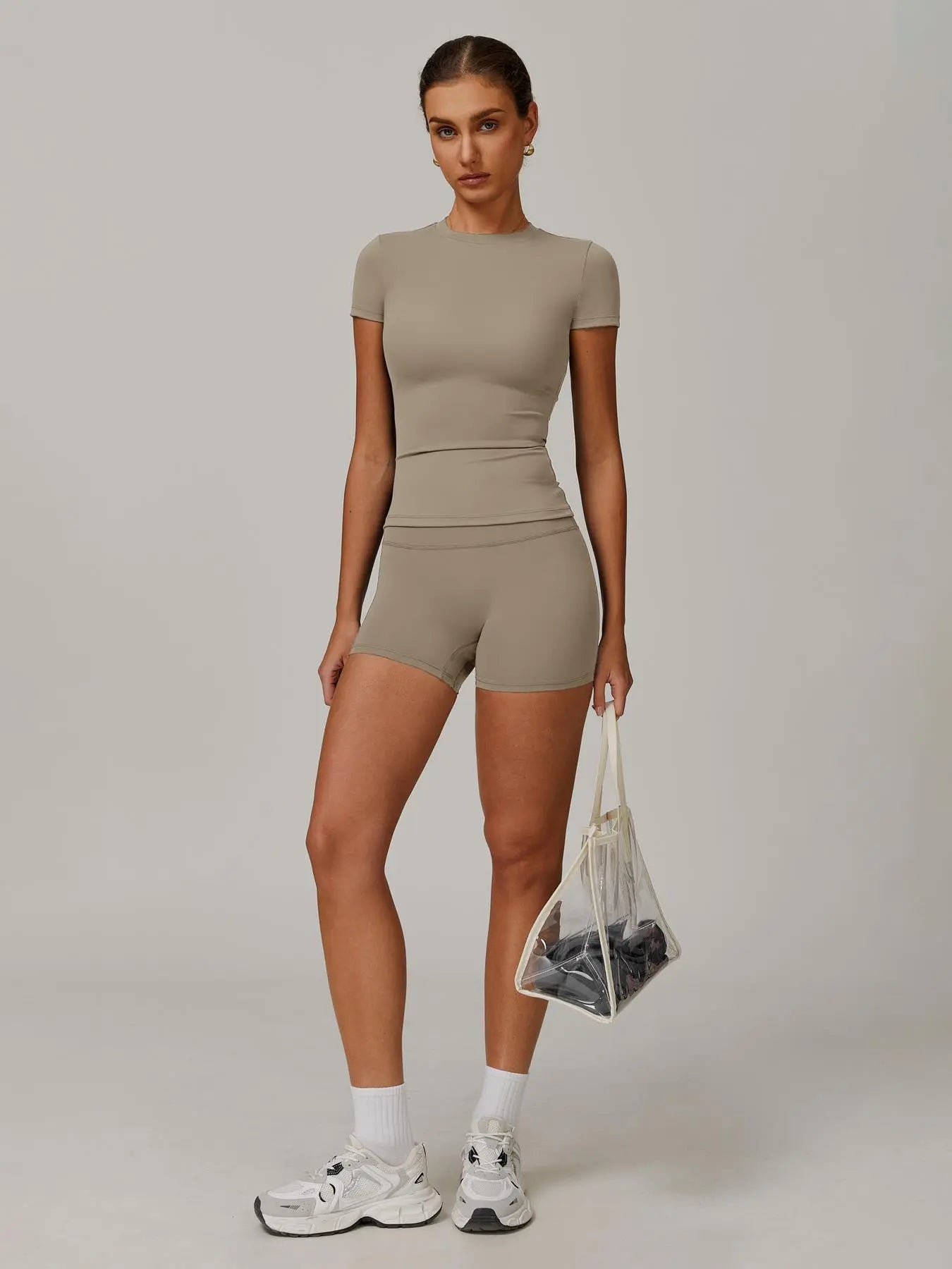 Women's Solid Ribbed Crop Tee & High Waist Shorts Set, Quick Drying for Yoga Gym Workout Running