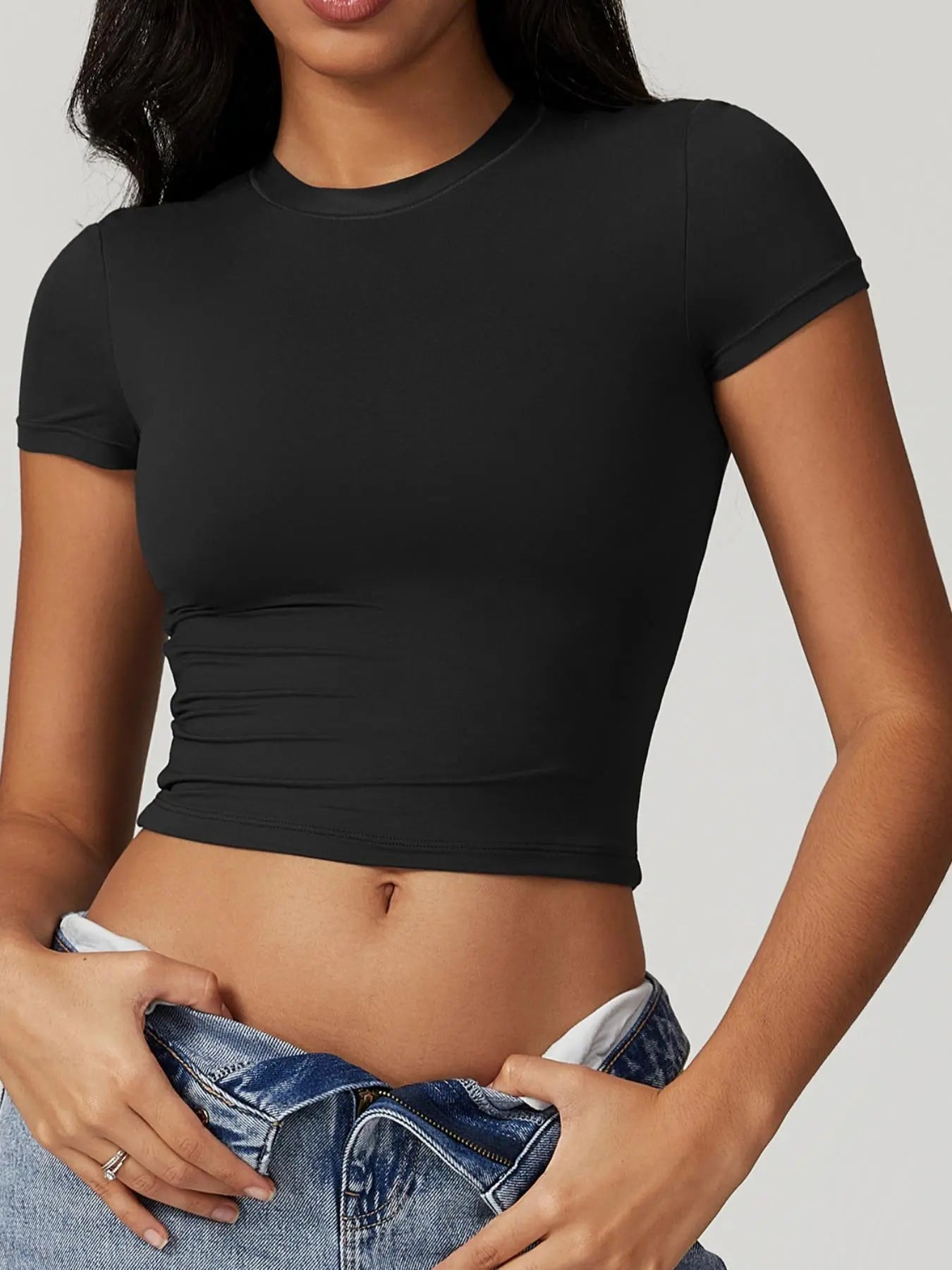 Women's Plain Round Neck Crop Sports Tee, Sporty Casual Tight-fitting Short Sleeve T-shirt for Yoga… - image 7