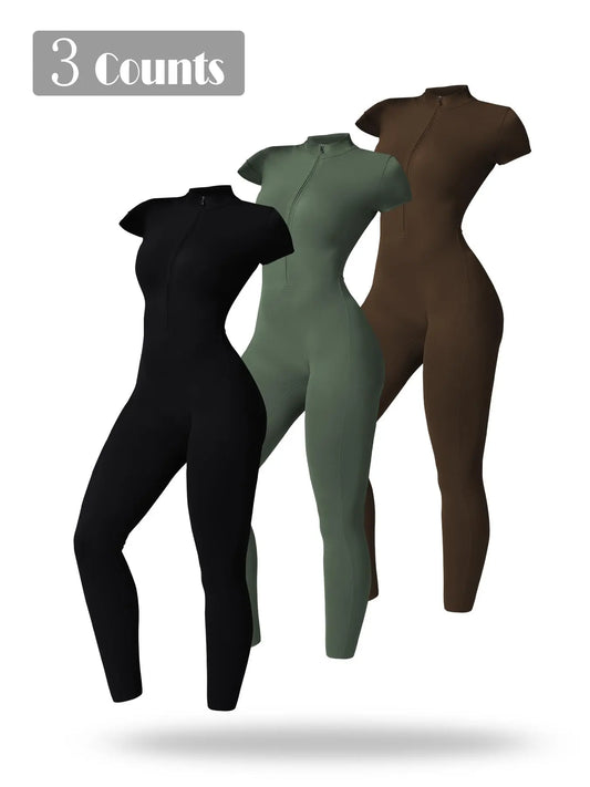 Women's Solid Short Sleeve Half Zip Sports Jumpsuit, Stretchy Jumpsuit - image 3