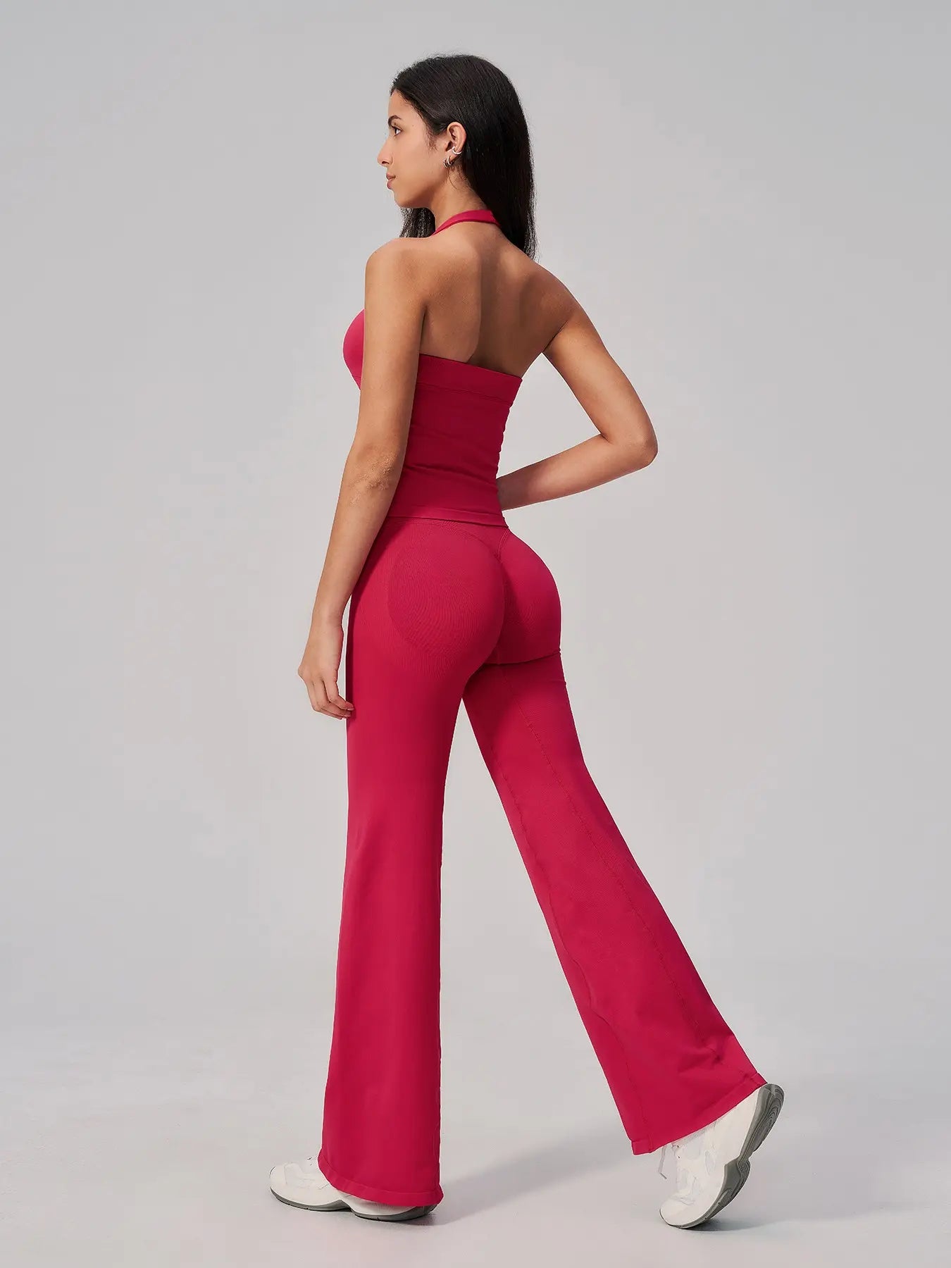 V-Neck Yoga Set for Women, Halter Neck Slim Fit Backless Vertical Ribbed Sports Fitness Yoga Wear - image 6