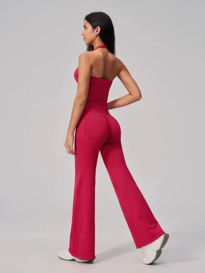 V-Neck Yoga Set for Women, Halter Neck Slim Fit Backless Vertical Ribbed Sports Fitness Yoga Wear - image 6