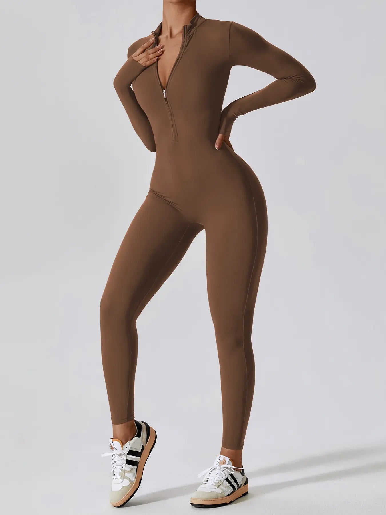 Women's Solid Zip Up Long Sleeve Sports Jumpsuit - image 9