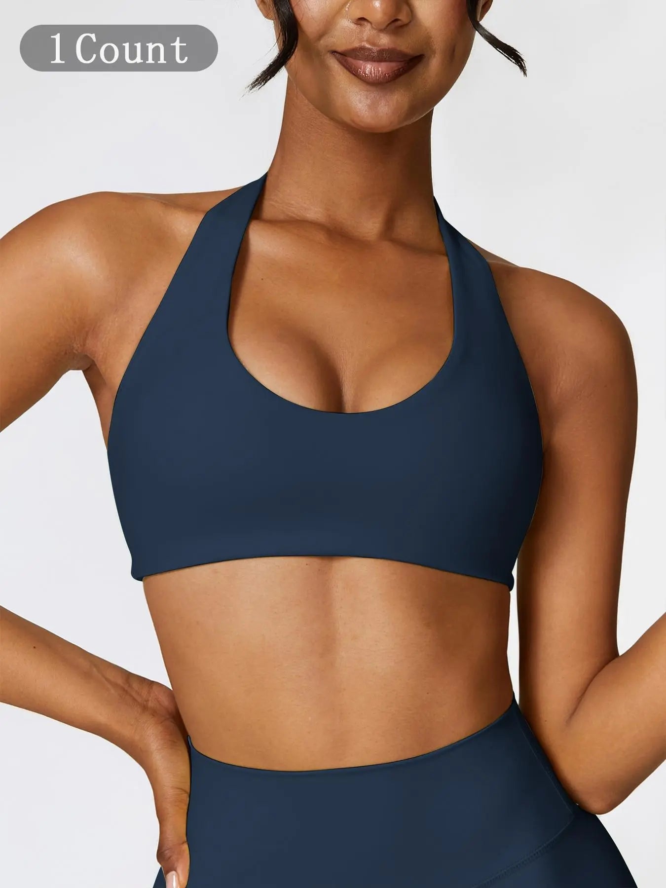 Women's Solid Wireless Halter Sports Bra, Breathable Comfortable High Stretch Sports Bra
