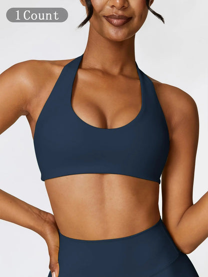 Women's Solid Wireless Halter Sports Bra, Breathable Comfortable High Stretch Sports Bra