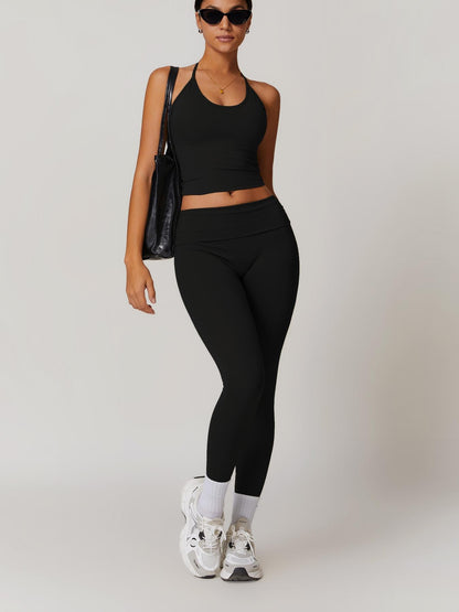 Two-Piece Set Women's Solid Backless Halter Crop Top & Fold Over Waist Leggings Tracksuit Set, Casual… - image 15