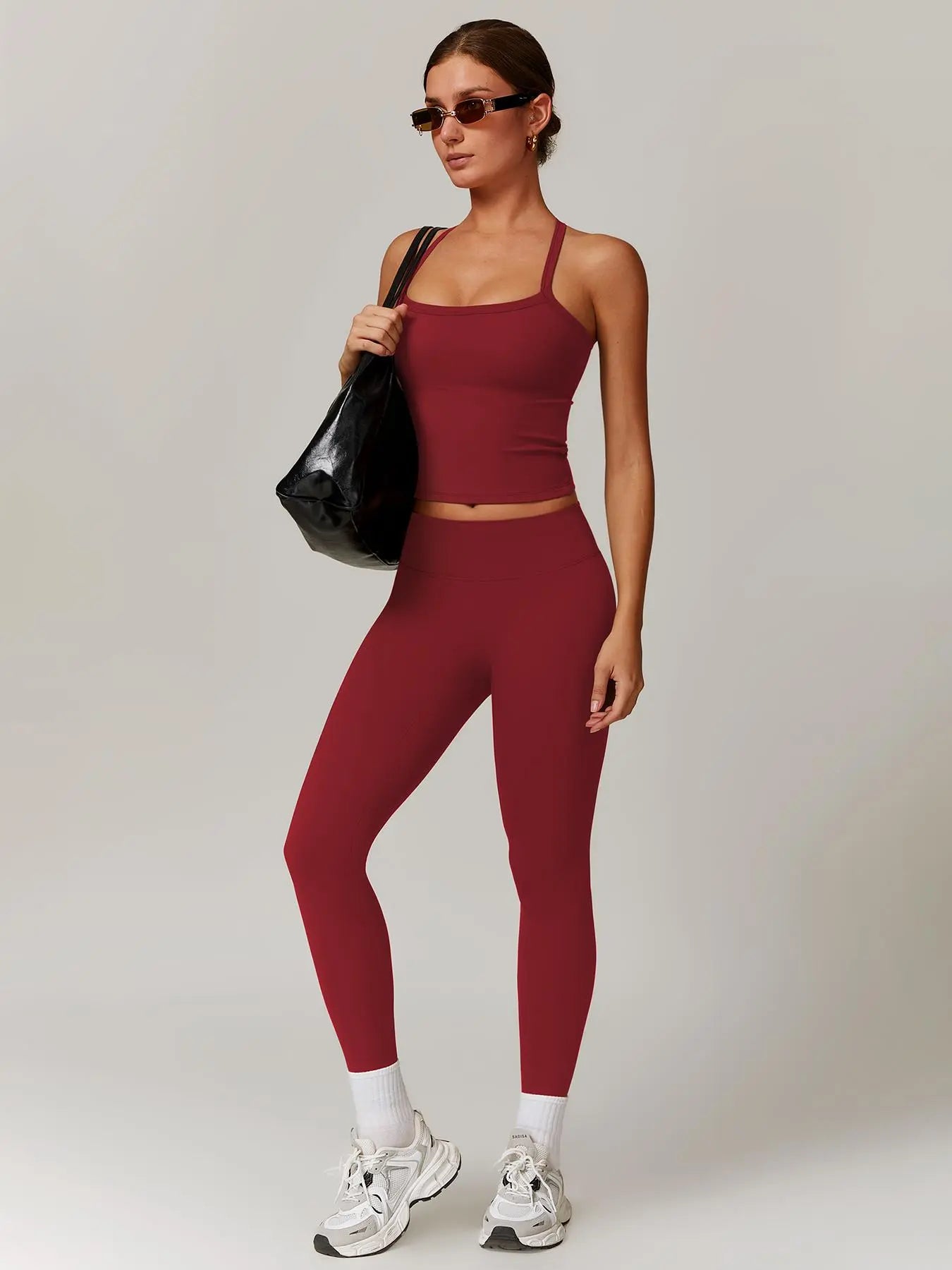 Women's Solid Cut Out Backless Cami Top & High Waist Leggings Tracksuit Set, Sporty Comfy Breathable…
