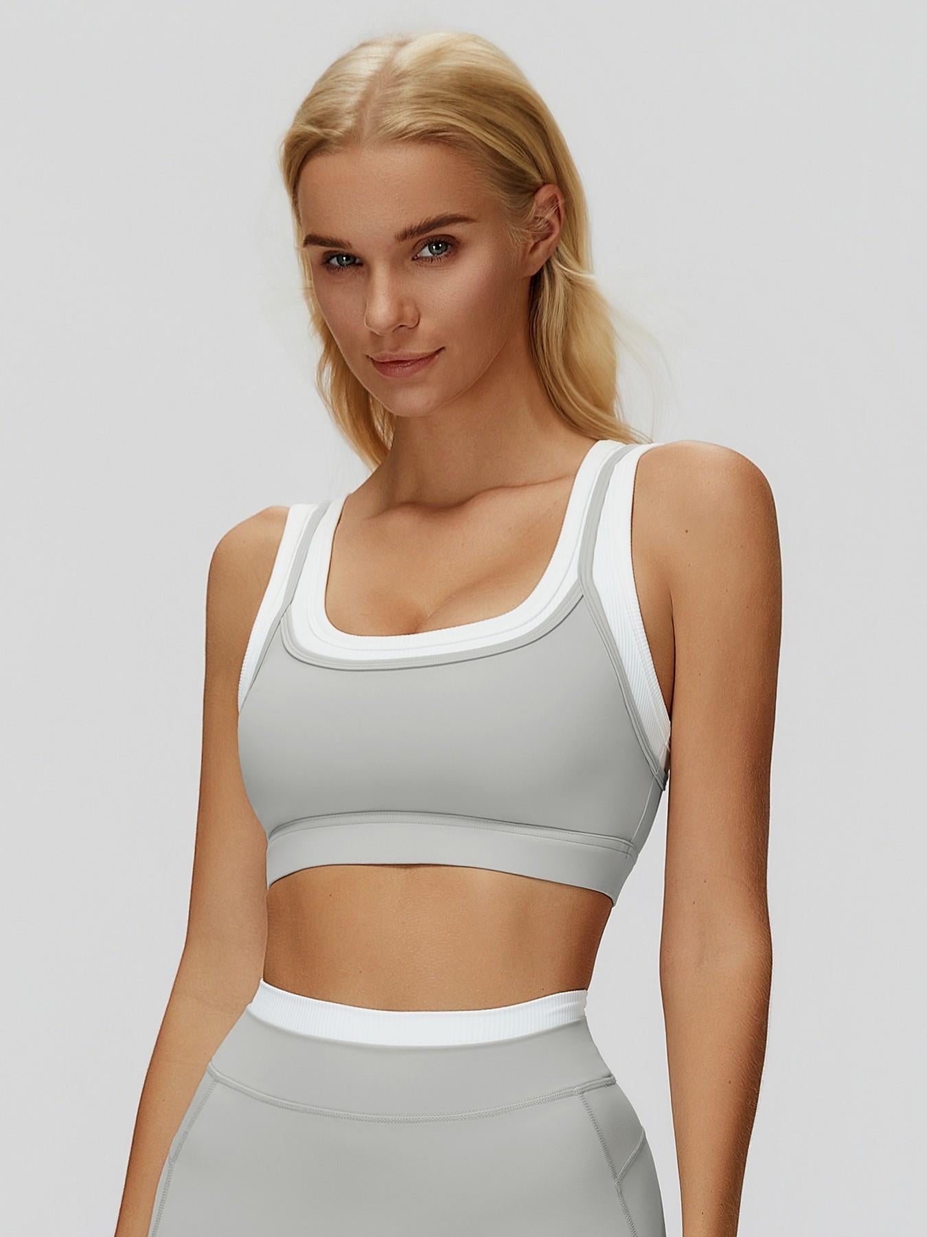 Cross-Border Nude Feel Fake Two-Piece Sports Bra, Ribbed Colorblock Yoga Bra - image 10