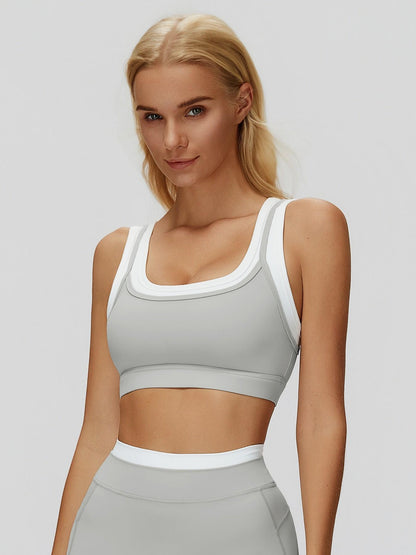 Cross-Border Nude Feel Fake Two-Piece Sports Bra, Ribbed Colorblock Yoga Bra - image 10