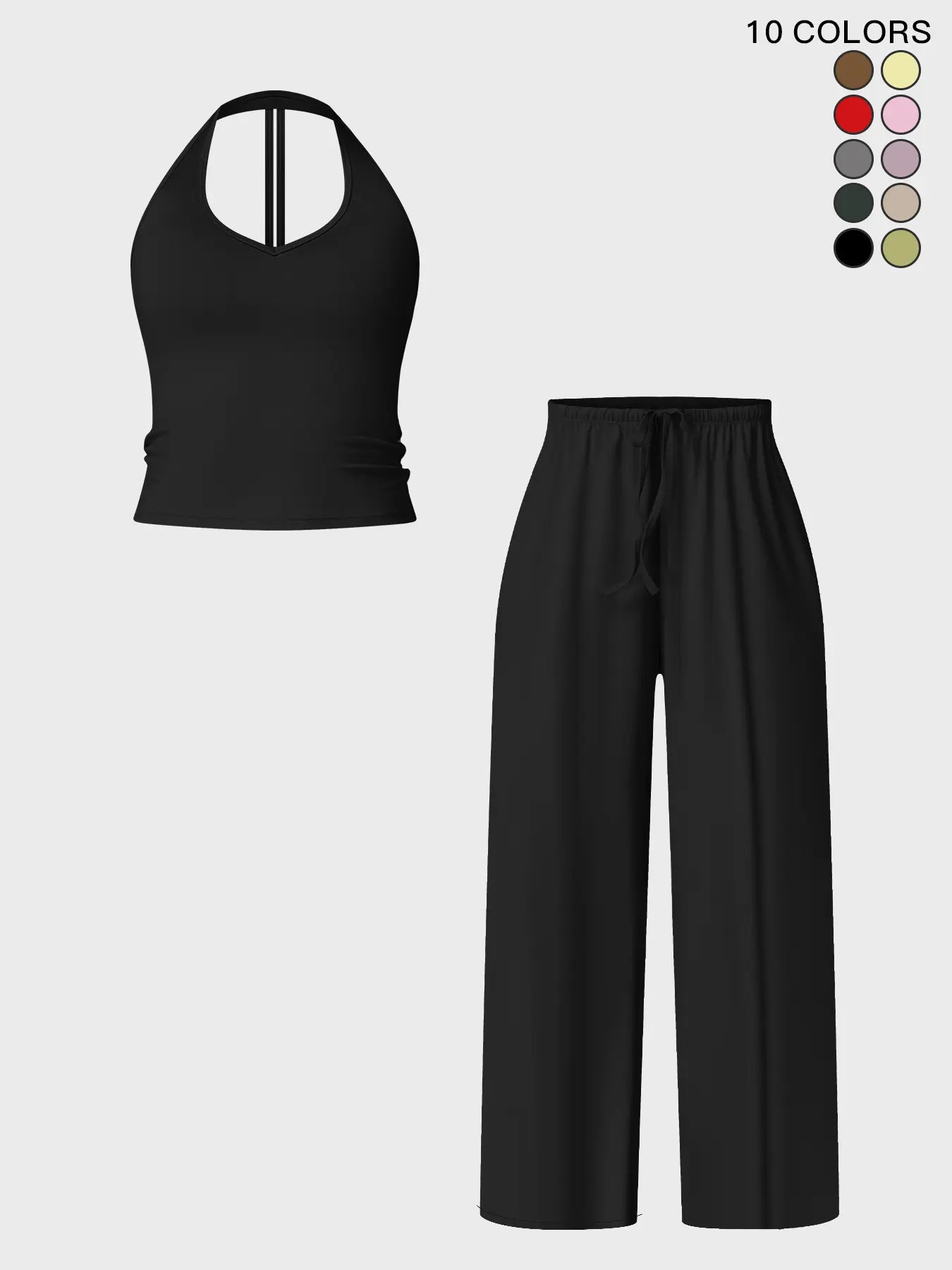 Women's Halter Neck Top & Wide Leg Pants Sports Set, Casual Sleeveless Top & Pants
