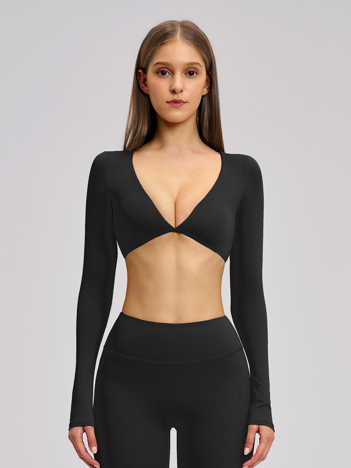 Women's Long Sleeve V Neck Yoga Top, Fashionable Short Activewear Workout Sports Shirt for Outdoor… - image 12