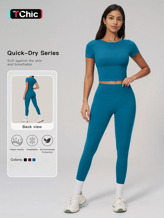 Creamy Soft Quick-Dry T-Shirt Set, High-Waisted Fitness