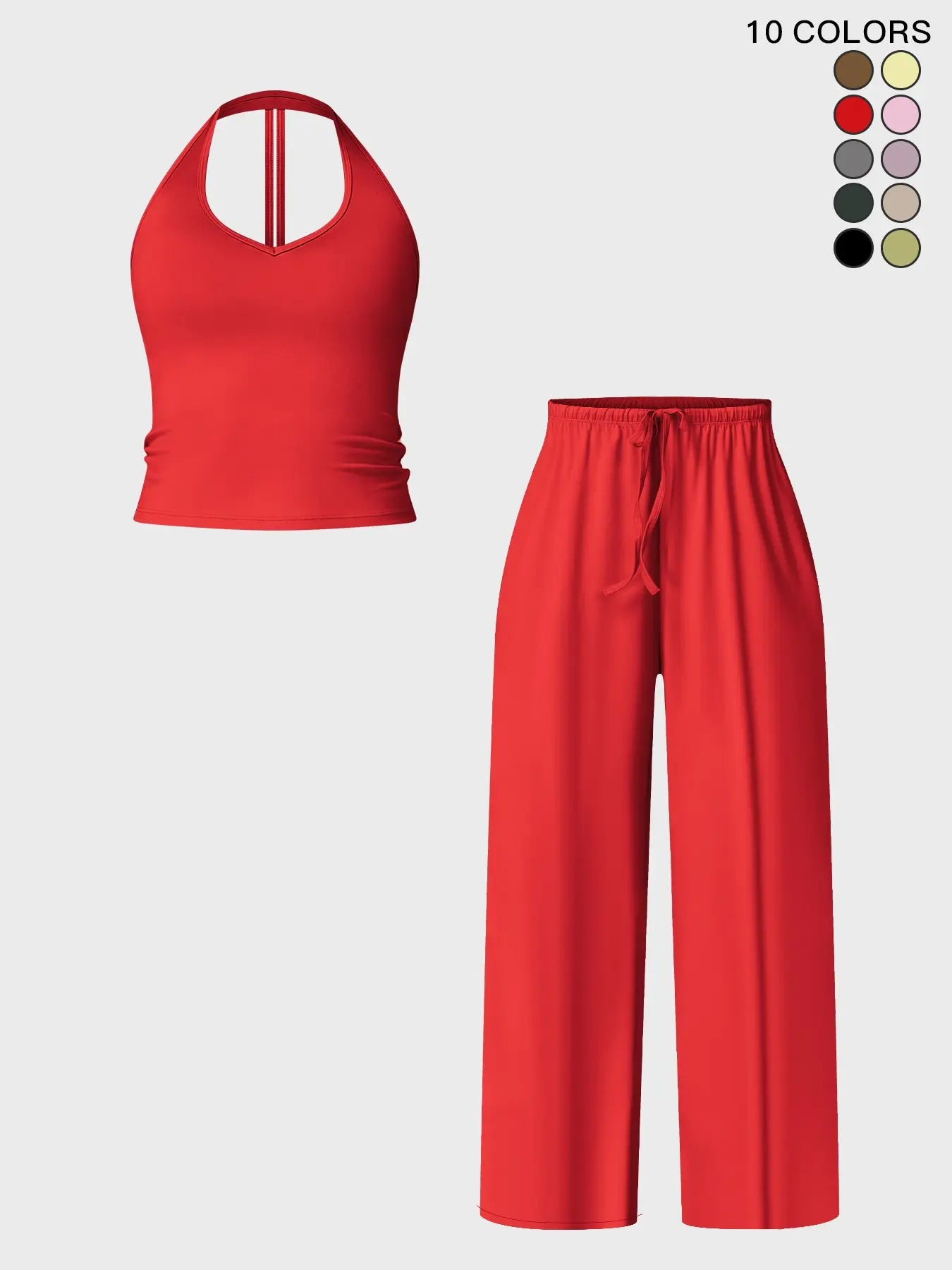 Women's Halter Neck Top & Wide Leg Pants Sports Set, Casual Sleeveless Top & Pants