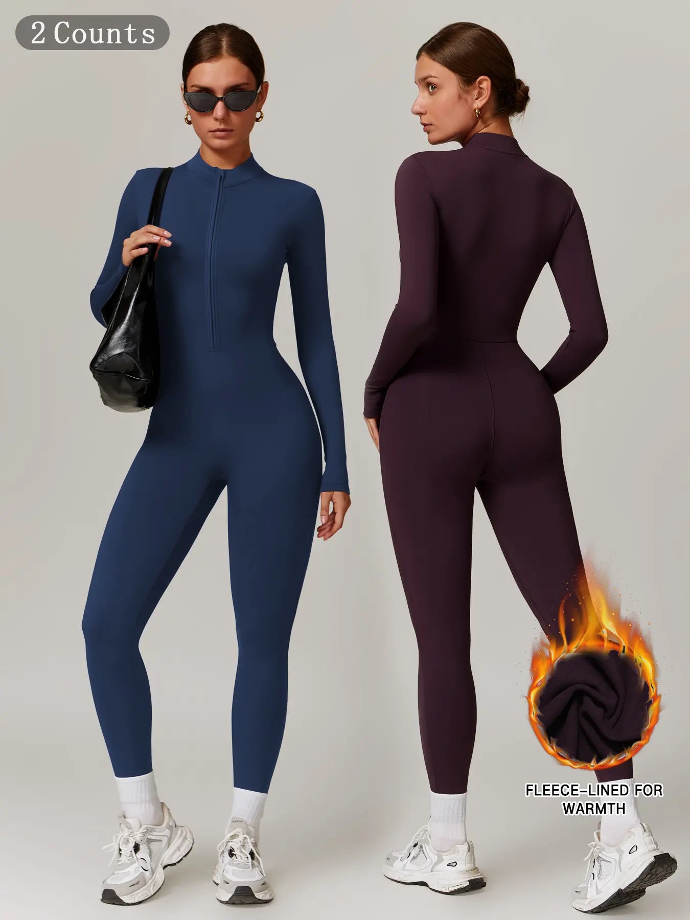 Women's Solid Zip-up Skiing Jumpsuit - Sporty Activewear