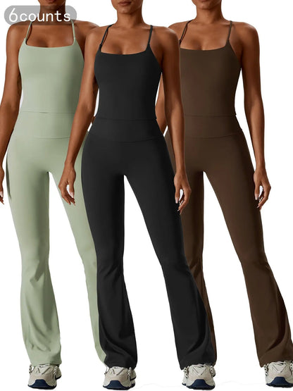 Two-Piece Set Women's Solid Criss Cross Backless Cami Top & Flare Leg Pants, Fitness Activewear