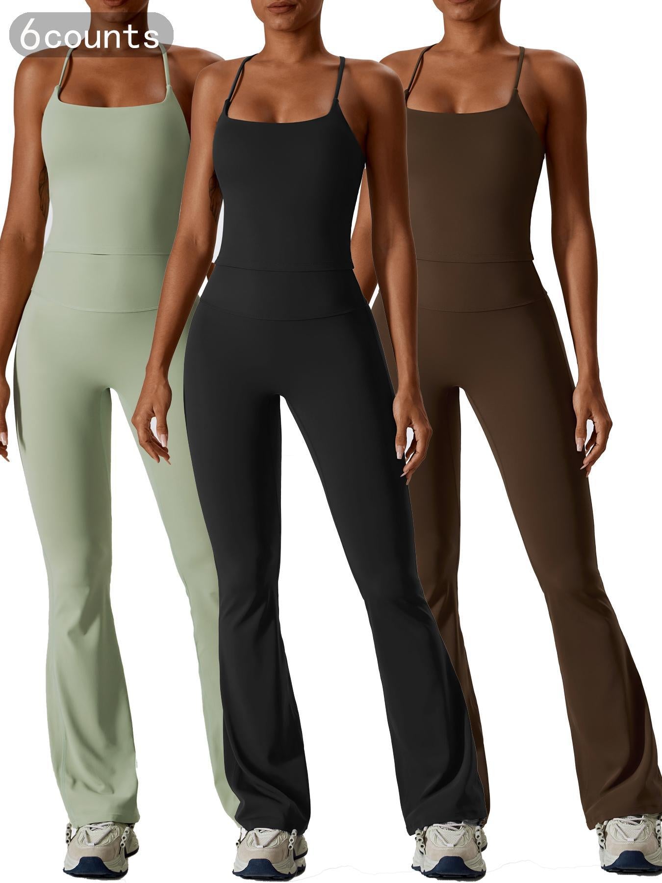 Two-Piece Set Women's Solid Criss Cross Backless Cami Top & Flare Leg Pants, Fitness Activewear - image 12