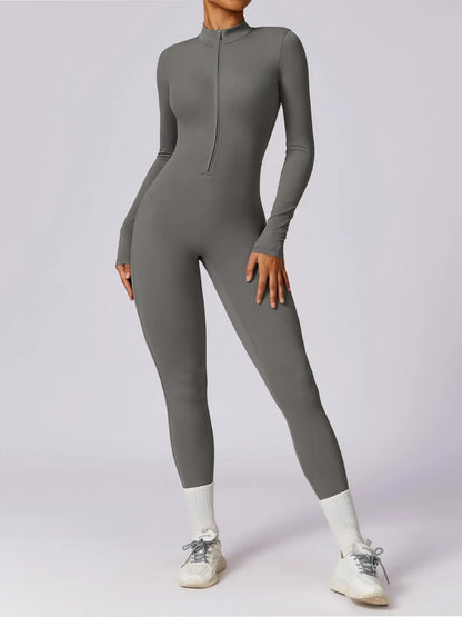 Women's Solid Zip Up Long Sleeve Sports Jumpsuit