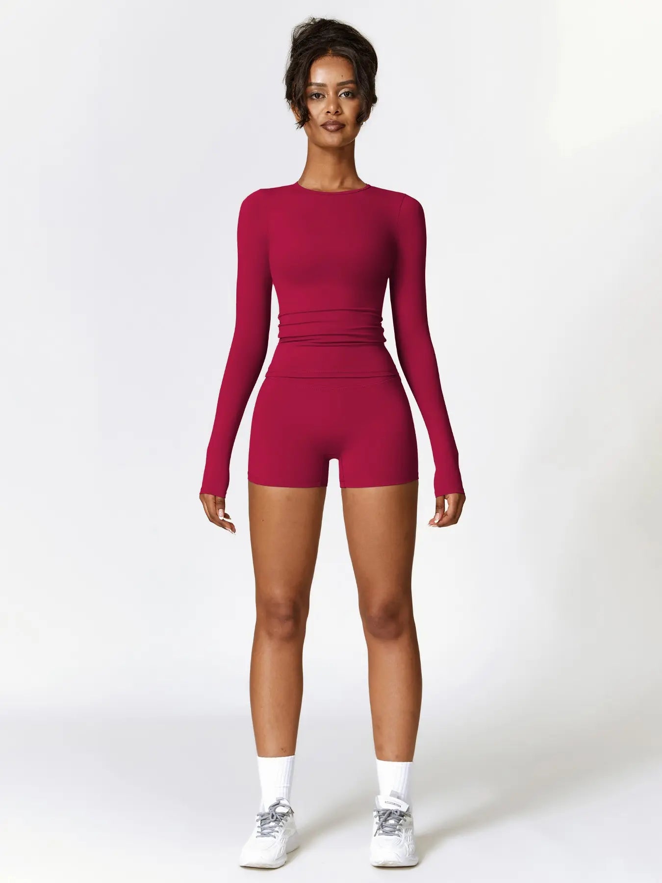 Women's Solid Round Neck Sports Tee & High Waist Shorts Set
