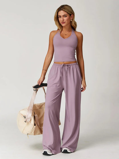 Women's Solid Halter Neck Top & Wide Leg Pants Sports Set, Casual Sleeveless Top & Pants for Daily…