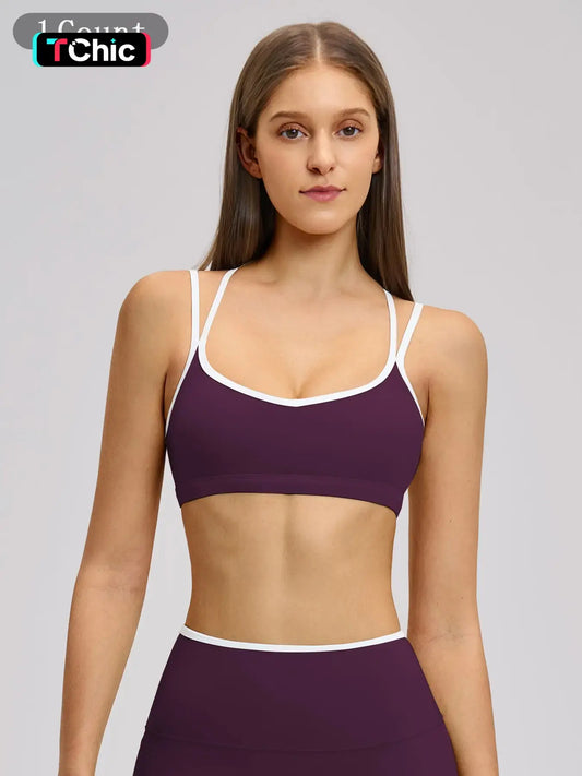 Colorblock Skin-Touch Sports Bra, Quick-Dry Tight-Fitting Cross-Back Sport Tank Top