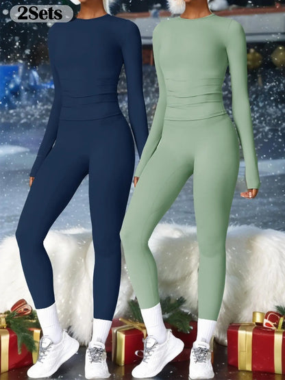 Women’s Quick Dry Long Sleeve & High Waist Leggings Sets for Fitness