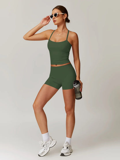 Women's Backless Cami Top & High Waist Shorts Tracksuit Set
