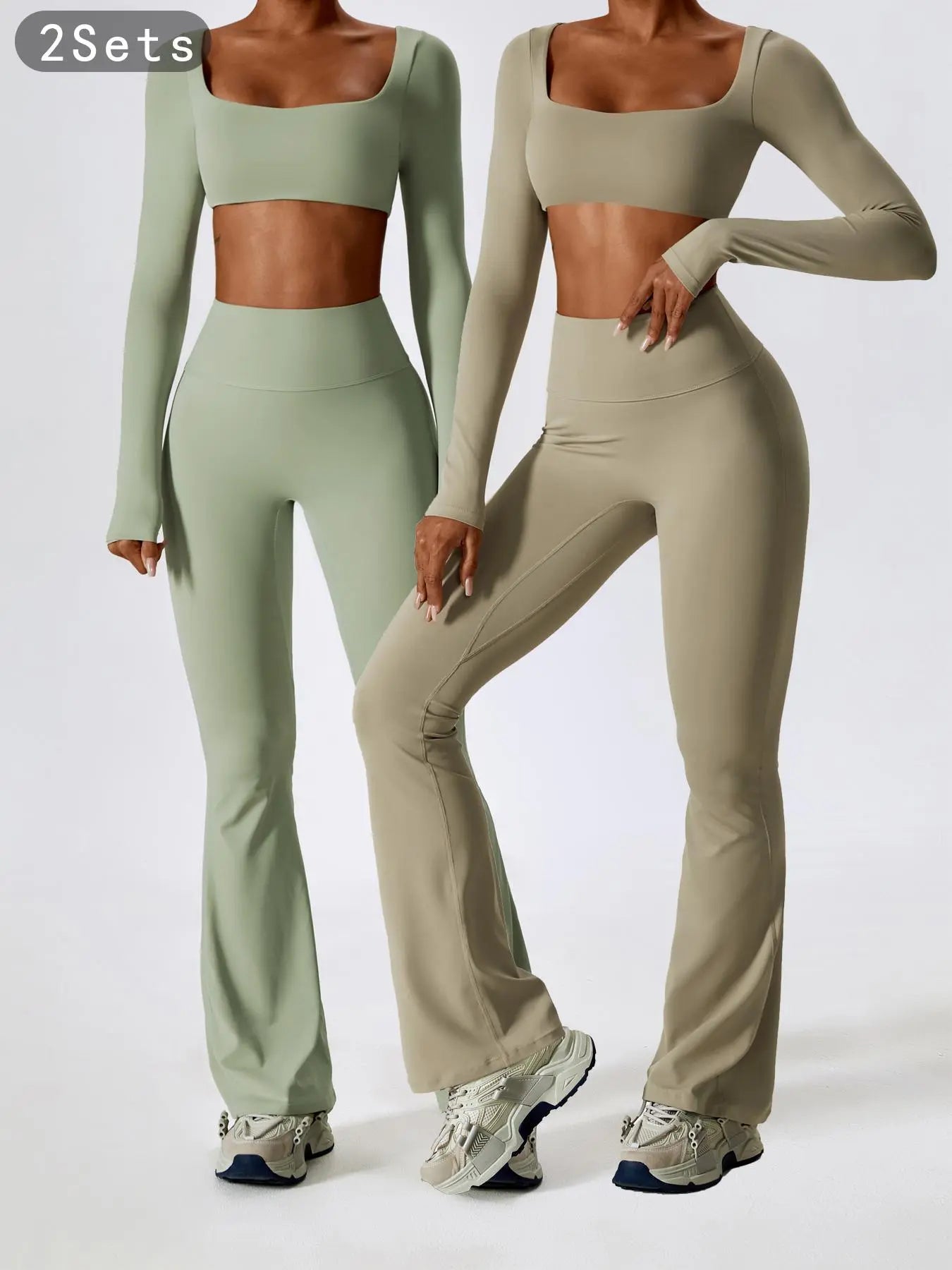 Women's Solid Square Neck Crop Top & High Waist Flare Leg Pants Tracksuit Set, Sporty Comfy… - image 7