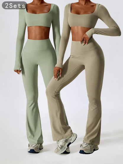 Women's Solid Square Neck Crop Top & High Waist Flare Leg Pants Tracksuit Set, Sporty Comfy… - image 7