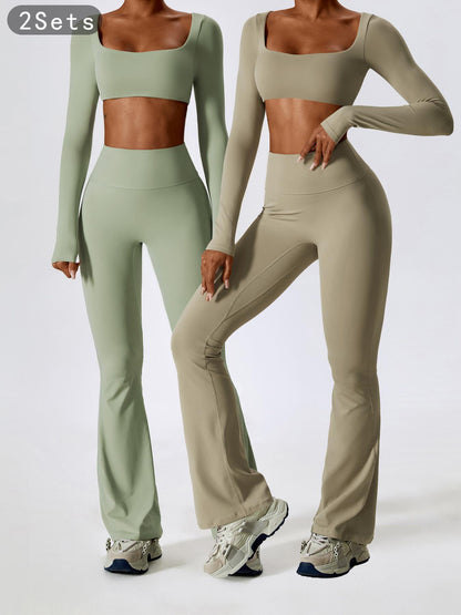 Women's Solid Square Neck Crop Top & High Waist Flare Leg Pants Tracksuit Set, Sporty Comfy… - image 24