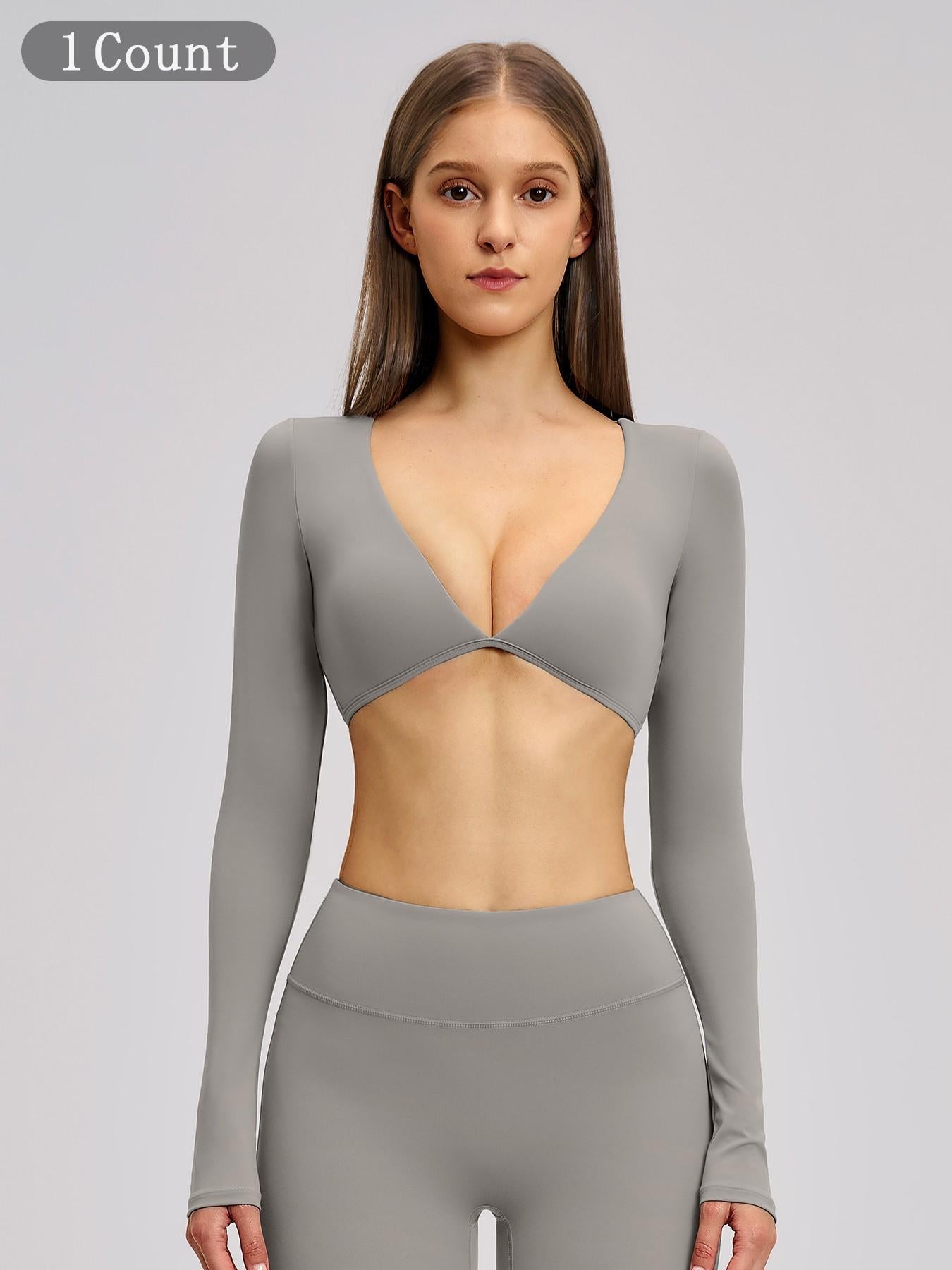 Women's Long Sleeve V Neck Yoga Top, Fashionable Short Activewear Workout Sports Shirt for Outdoor… - image 19