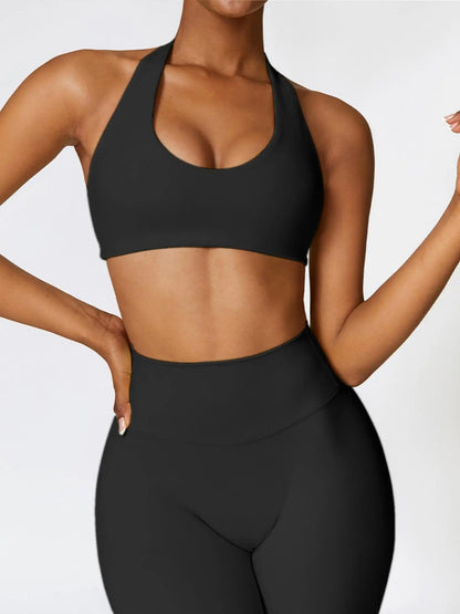 Women's Solid Wireless Halter Sports Bra, Breathable Comfortable High Stretch Sports Bra