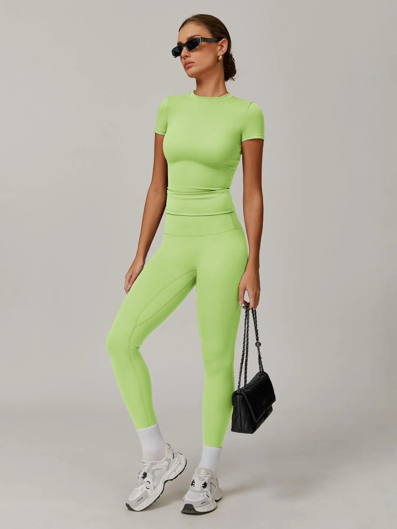 Women's Solid Color Top & High Waist Leggings Sports Set, Casual Comfy Breathable Two-piece Sports…