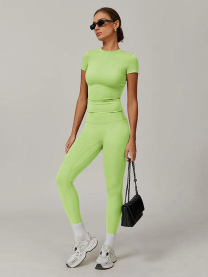 Women's Solid Color Top & High Waist Leggings Sports Set, Casual Comfy Breathable Two-piece Sports…