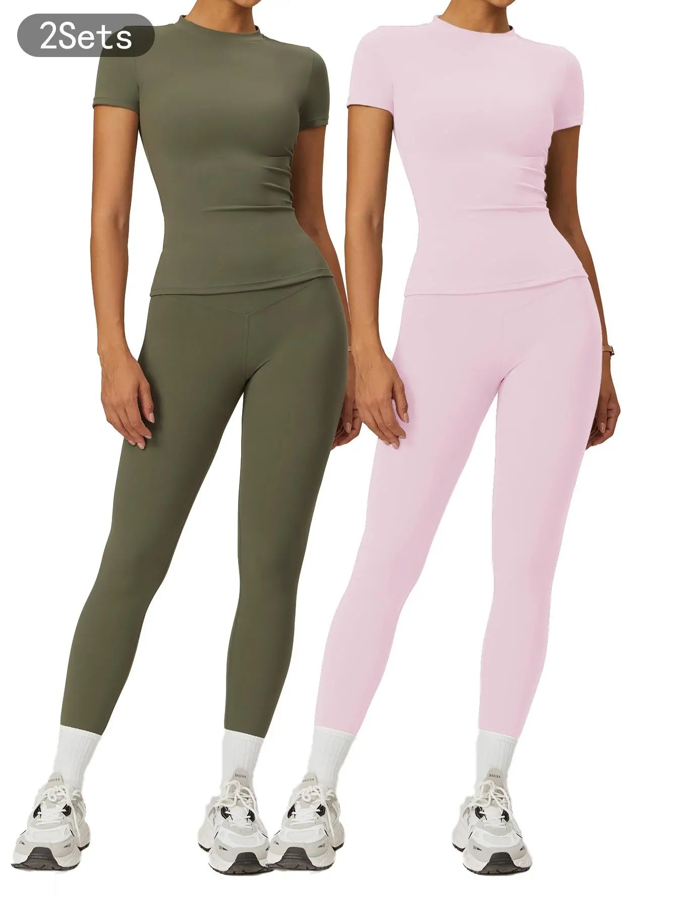 Women's Plain Round Neck Crop Tee & High Waist Leggings Tracksuit Set, Athleisure Workout Set