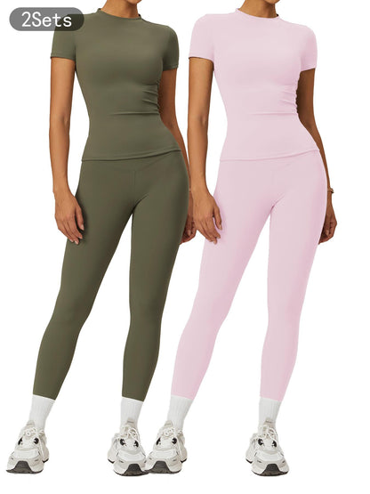 Women's Plain Round Neck Crop Tee & High Waist Leggings Tracksuit Set, Athleisure Workout Set - image 16