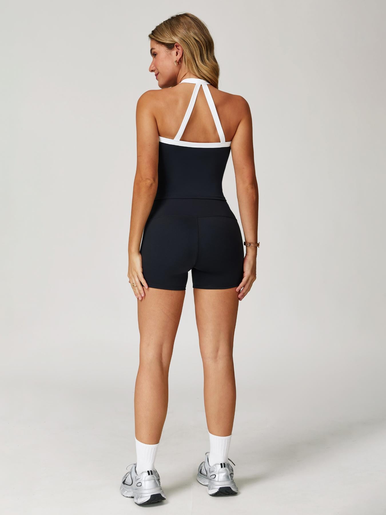 Women's Athletic Yoga Set, Sporty Plain Colorblock Crisscross Backless Crop Top & Tight-Fitting Shorts - image 13