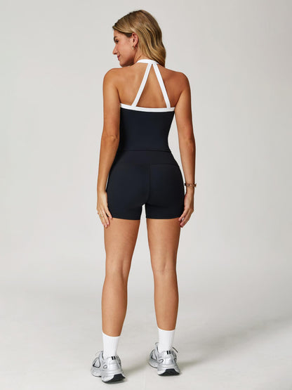 Women's Athletic Yoga Set, Sporty Plain Colorblock Crisscross Backless Crop Top & Tight-Fitting Shorts - image 13