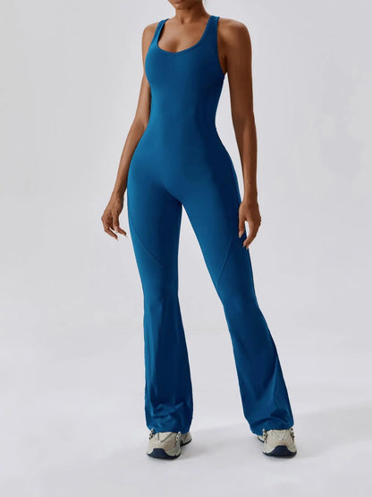 Women's Solid Cut Out Backless Sports Tummy Control Jumpsuit, Quick Drying U Neck Sleeveless Jumpsuit…