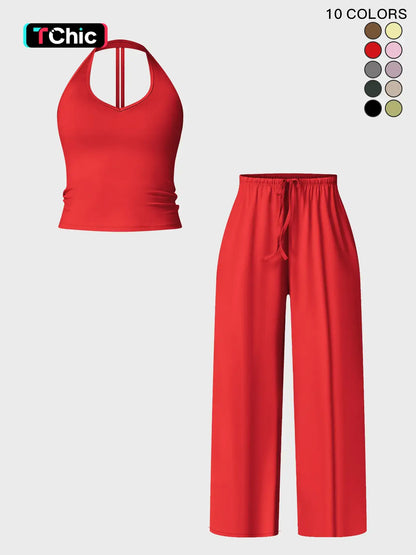 Women's Halter Neck Top & Wide Leg Pants Sports Set, Casual Sleeveless Top & Pants