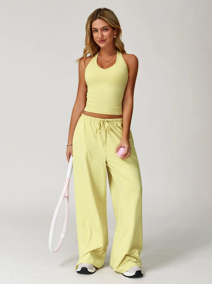 Women's Solid Halter Neck Top & Wide Leg Pants Sports Set, Casual Sleeveless Top & Pants for Daily… - image 3