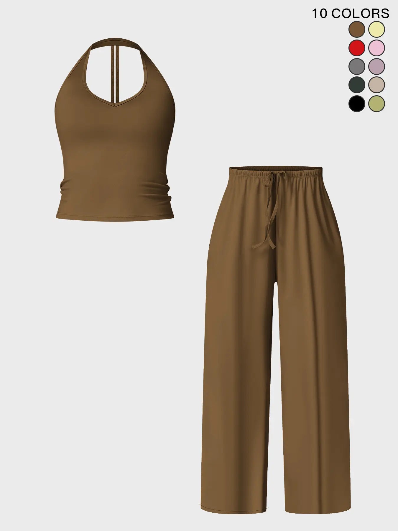 Women's Halter Neck Top & Wide Leg Pants Sports Set, Casual Sleeveless Top & Pants