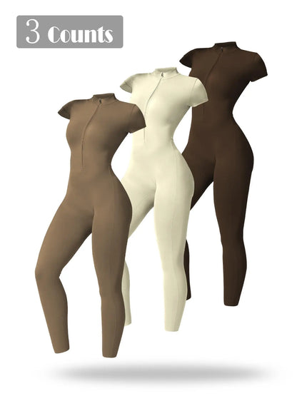 Women's Solid Short Sleeve Half Zip Sports Jumpsuit, Stretchy Jumpsuit