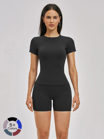 Spring Cross-Border Fleece Short Sleeve Sports Set, Women's Yoga Fitness