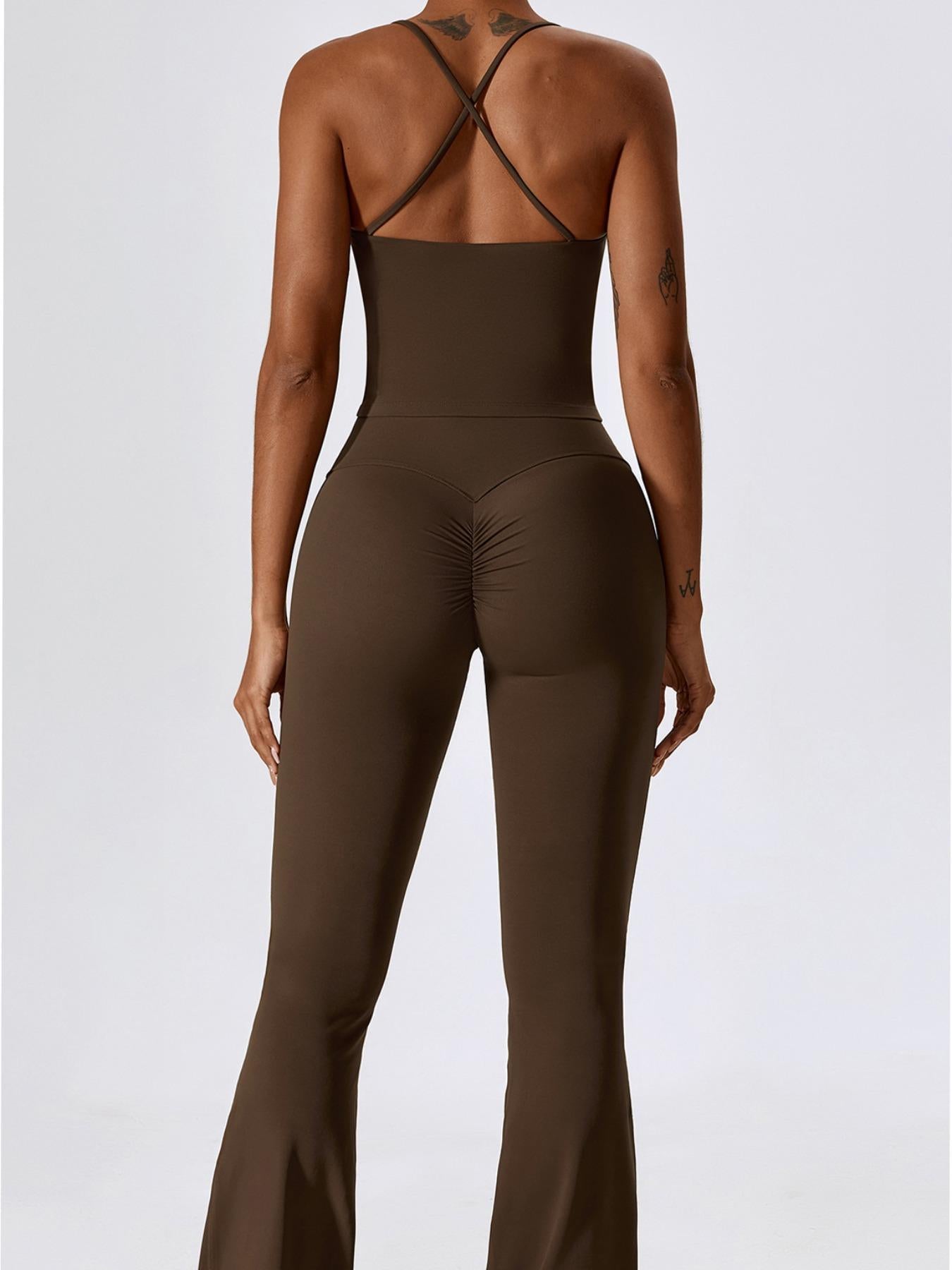 Two-Piece Set Women's Solid Criss Cross Backless Cami Top & Flare Leg Pants, Fitness Activewear - image 17