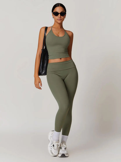 Two-Piece Set Women's Solid Backless Halter Crop Top & Fold Over Waist Leggings Tracksuit Set, Casual…
